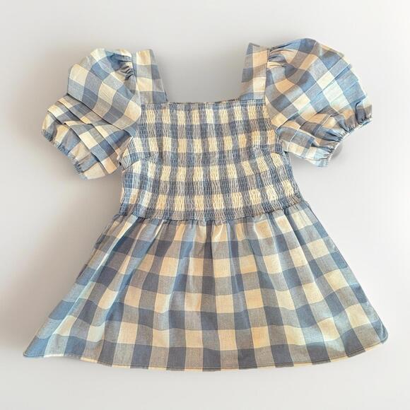Grace + Karma Top Womens M Blue Peplum Smocked Puff Sleeve Buffalo Striped(A8) - Picture 1 of 4